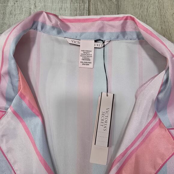 Victorias Secret Satin Pajama Set Pink Striped Button top Shorts Sleepwear XXL - Picture 6 of 13
